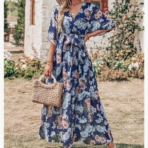 Anrabess Navy Floral Maxi Dress - sheer, long overlay over a shorter slip
